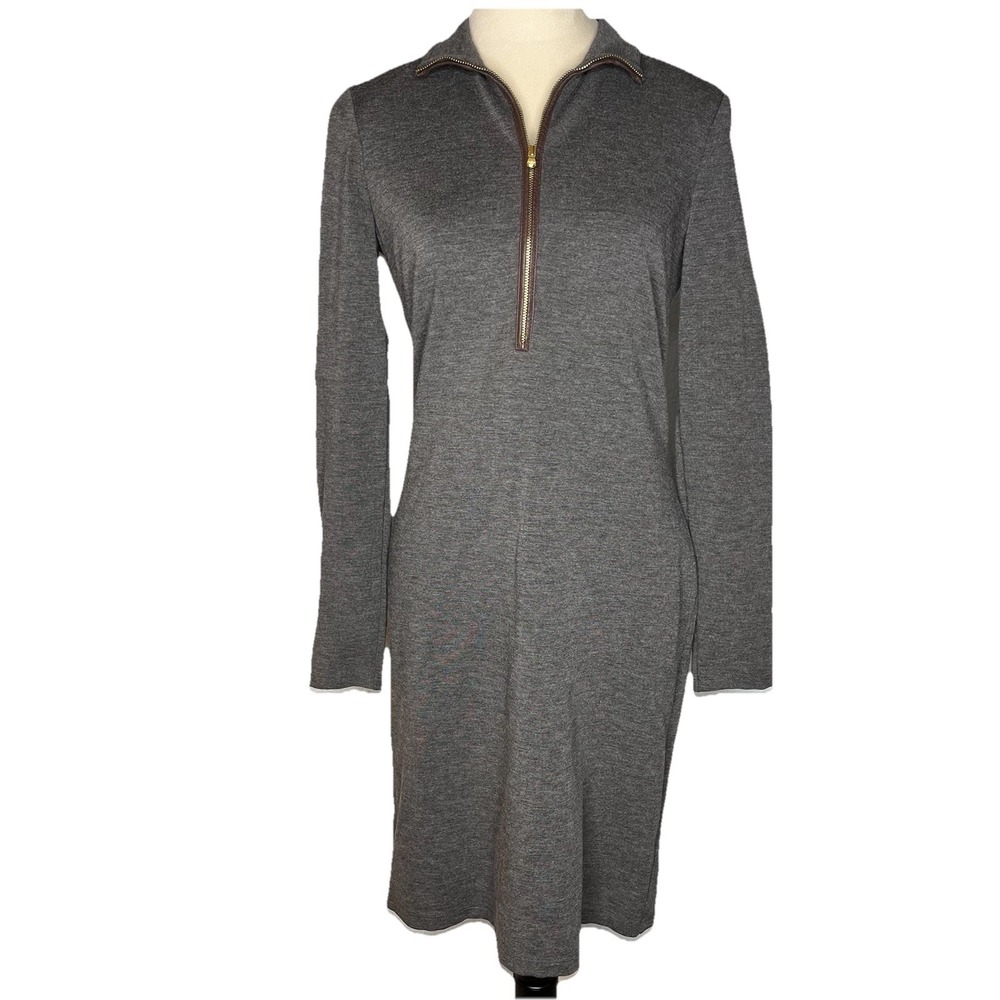 Lauren Ralph Lauren Gray Lamb Leather Elbow Patch Zip Long Sleeve Dress 6